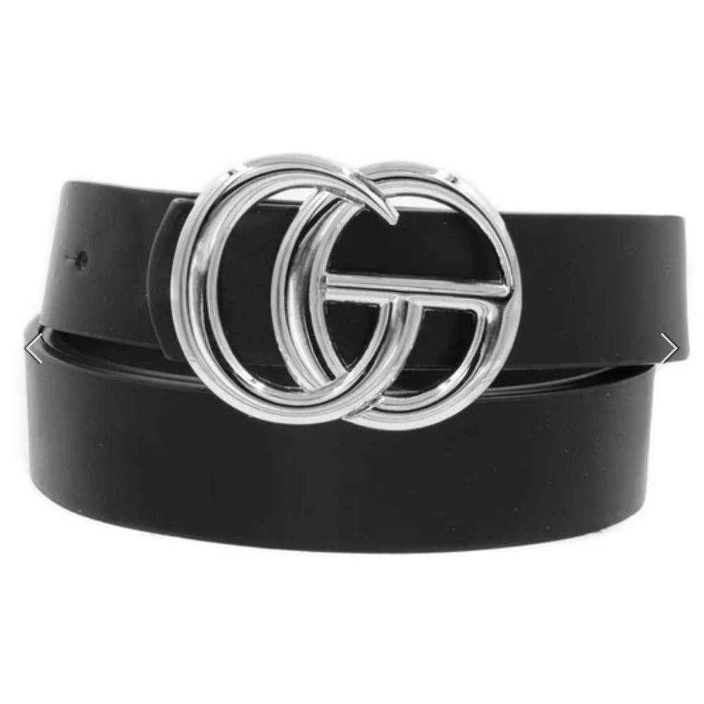 GG Inspired Black Leather Like Belt Silver Buckle